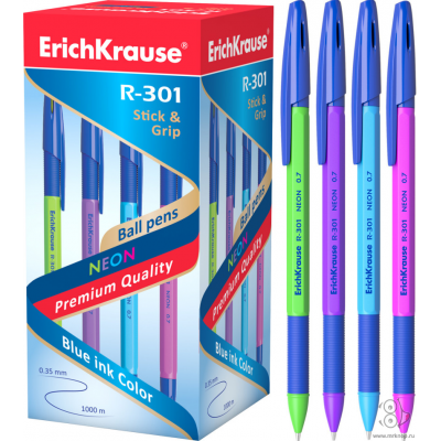 Ручка шариковая Erich Krause R-301NEON Stick&Grip 0.35 мм синий (50шт)